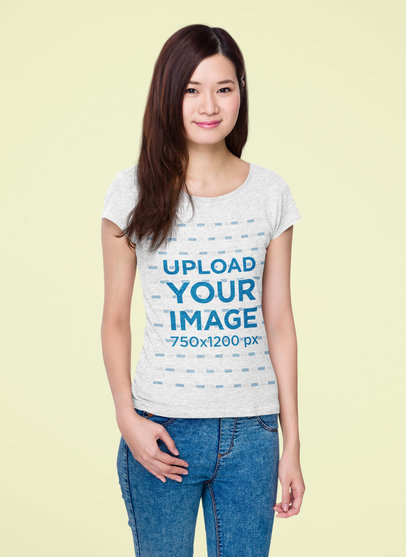 Mockup of a Young Long-Haired Woman Wearing a Heathered T-Shirt at a Studio