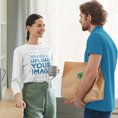 Long Sleeve Tee Mockup of a Smiling Woman Talking with a Man