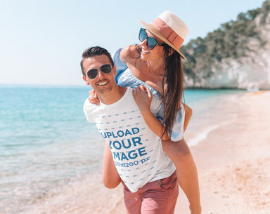 T-Shirt Mockup of a Man Carrying His Girlfriend on His Back 