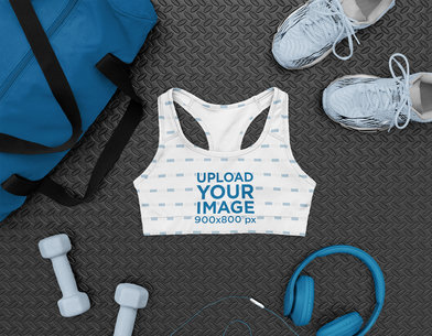 Mockup of a Sports Bra with Gym Equipment