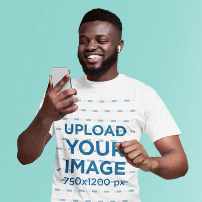 Basic T-Shirt Mockup of a Bearded Man Listening to a Happy Song at a Studio 46097-r-el2