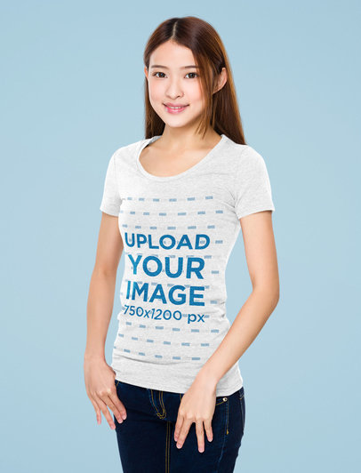 Heathered T-Shirt Mockup Featuring a Young Long-Haired Woman 