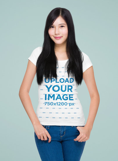 T-Shirt Mockup Featuring a Long-Haired Woman Standing in a Studio