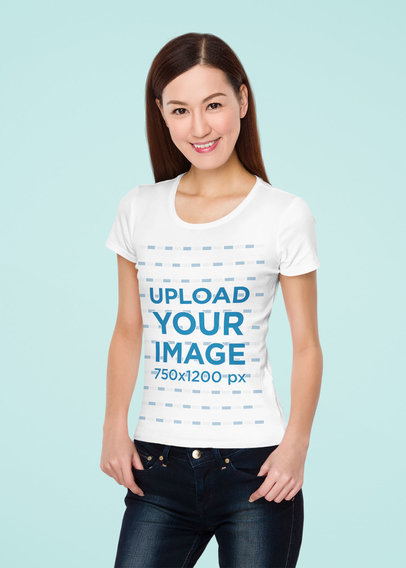 T-Shirt Mockup of a Happy Woman Posing in Front of a Customizable Backdrop