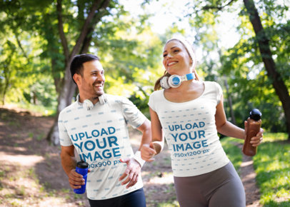 T-Shirt Mockup of a Couple Having Fun Running Outdoors