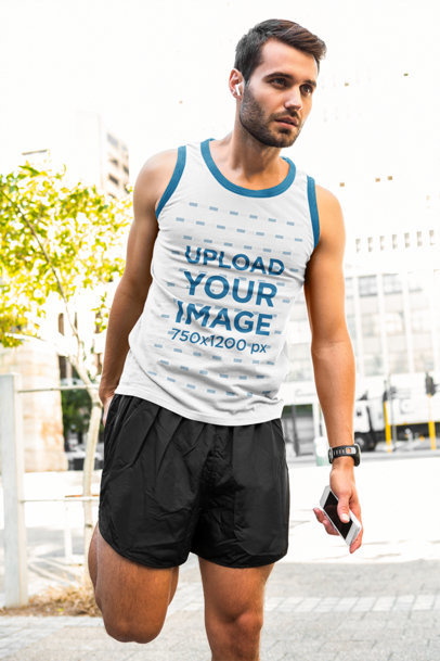 Ringer Tank Top Mockup Featuring a Man Warming Up Before a Run