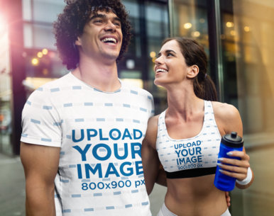 T-Shirt and Sports Bra Mockup of a Fit Couple Laughing Together