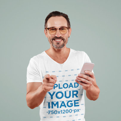 V-Neck T-Shirt Featuring a Middle-Aged Man in a Studio
