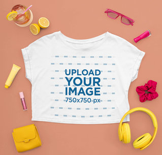Crop Top Mockup Featuring Girly Accessories and a Refreshing Drink 
