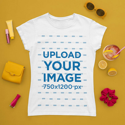T-Shirt Mockup Featuring a Summer Drink and Girly Accessories