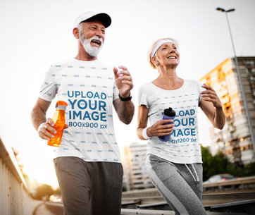 Activewear Mockup of a Senior Couple Wearing T-Shirts While Jogging 