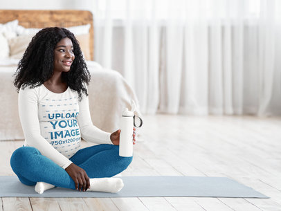Long-Sleeve Tee Mockup Featuring a Pregnant Woman Resting After a Yoga Session 
