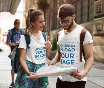 T-Shirt Mockup of a Man and a Woman Looking at a Map 42564-r-el2