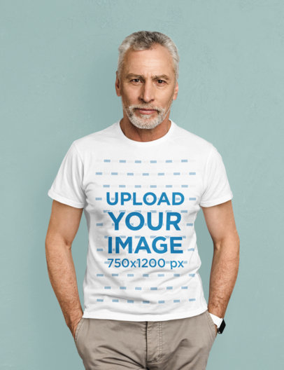 T-Shirt Mockup of a Middle-Aged Man Standing in a Studio