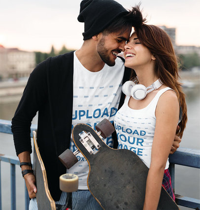 Tank Top and Tee Mockup of a Lovely Couple Holding their Skate Boards