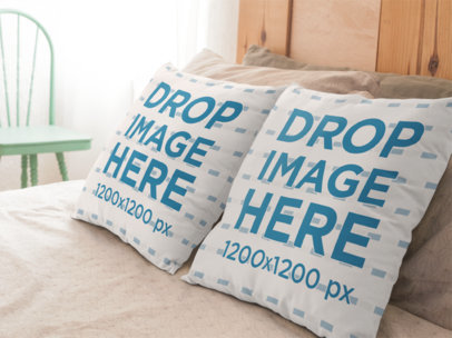 Pair of Pillows Template Lying on a Bed Near a Chair