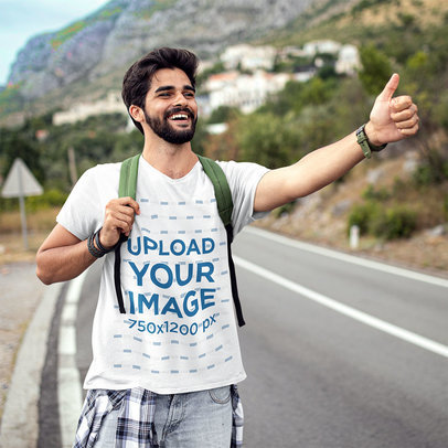 V-Neck T-Shirt Mockup of a Hitchhiker on a Road