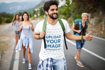 V-Neck Tee Mockup Featuring a Group of Hikers Asking for a Lift 40032-r-el2