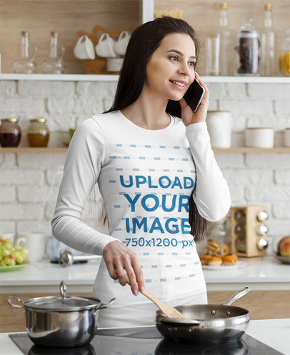 Long Sleeve Tee Mockup of a Woman Cooking in Her Kitchen