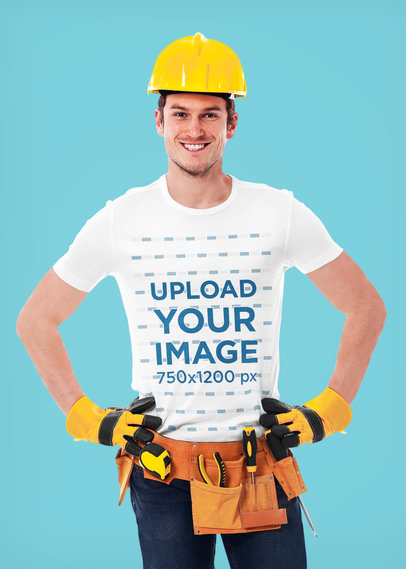 T-Shirt Mockup Featuring a Smiling Contractor