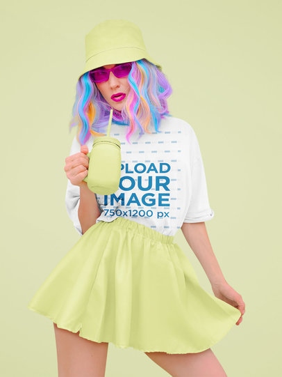 Mockup of a Woman Wearing a Unisex T-Shirt and a Multicolored Wig