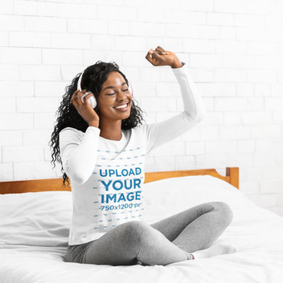 Long-Sleeve Tee Mockup of a Woman Listening to a Happy Song at Home 