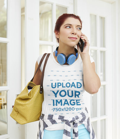 T-Shirt Mockup of a Woman Getting Out of Her Home While Talking on the Phone 42305-r-el2