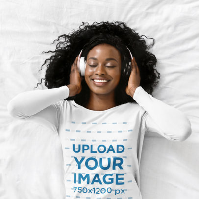 Mockup of a Woman With a Long Sleeve Tee Listening to a Happy Song