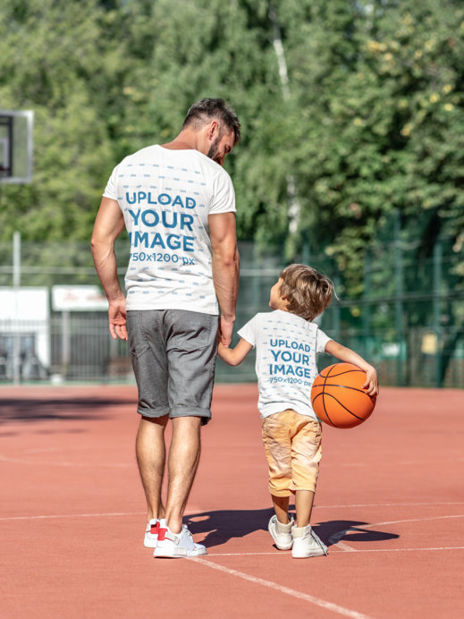 T-Shirt Mockup of a Man and His Son at a Basketball Court