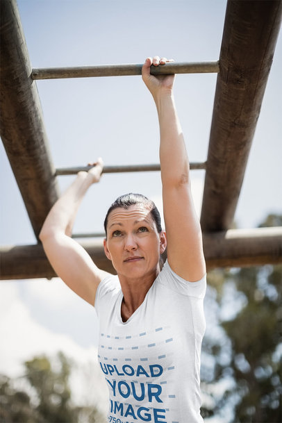 Mockup of a Woman Wearing a T-Shirt During Military Training
