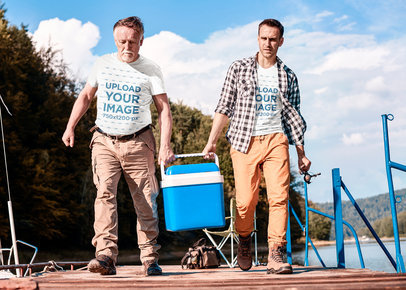 T-Shirt Mockup of Two Fishermen Carrying Their Cool Box
