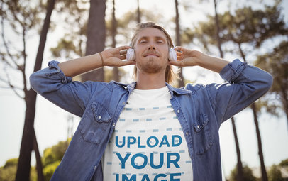 T-Shirt Mockup of a Man Listening to Music in Nature 44791-r-el2