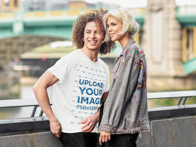 Tee Mockup of a Man with Curly Hair Hanging Out with His Girlfriend