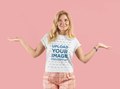 T-Shirt Mockup of a Confused Woman in a Studio