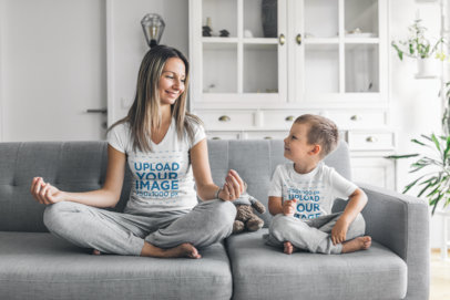T-Shirt Mockup of a Woman Meditating with Her Son