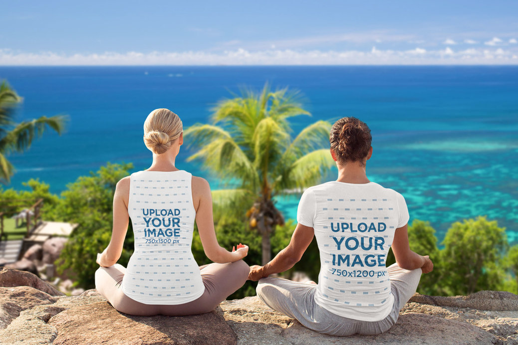 Mockup of a Couple Wearing a Tank Top and a T-Shirt While Meditating by the Ocean