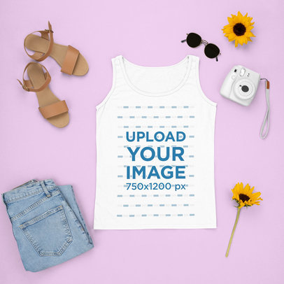 Tank Top Mockup Featuring a Chic Summer Outfit and an Instant Camera m1643