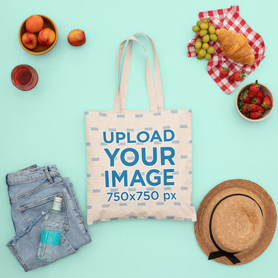 Mockup of a Tote Bag Surrounded by Summer Garments and Fresh Fruits 