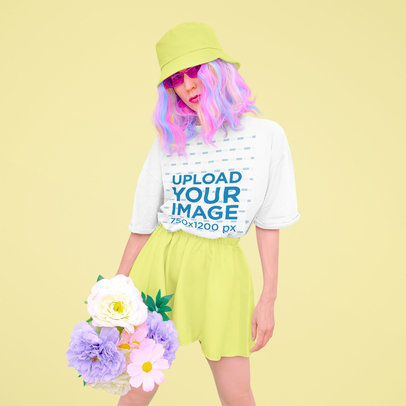 Unisex T-Shirt Mockup of a Woman with Colored Hair and a Big Flower Bouquet