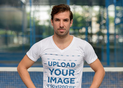 V-Neck Tee Mockup of an Athletic Man in a Tennis Court