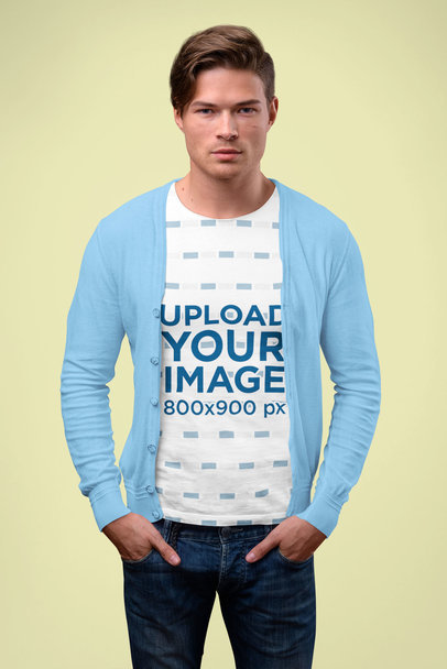 Sublimated T-Shirt Mockup of a Man Wearing a Cardigan in a Studio 41411-r-el2