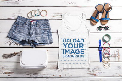 Tank Top Mockup Featuring a Women's Outfit on a Wooden Surface 