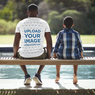 Back-View T-Shirt Featuring a Man with His Son by a Pool