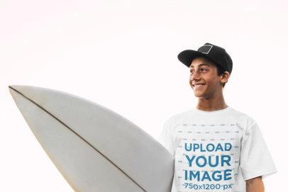 T-Shirt Mockup Featuring a Smiling Man with a Surfboard 46016-r-el2
