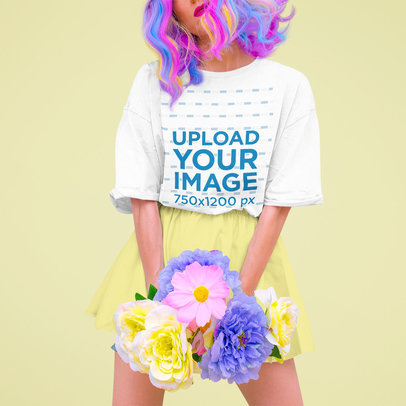 Unisex T-Shirt Mockup of a Woman with a Colorful Wig Holding Flowers