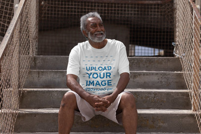 T-Shirt Mockup of a Senior Man Sitting on a Staircase
