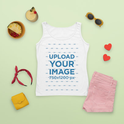 Tank Top Mockup Featuring a Fresh Spring Outfit and a Glass with Pina Colada