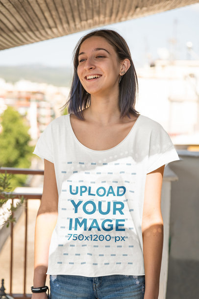 Slouchy Tee Mockup Featuring a Smiling Woman with Short Hair