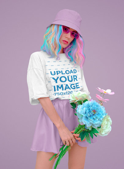 Mockup of a Woman With Colorful Hair Wearing an Oversized T-Shirt 