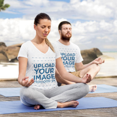 T-Shirt Mockup of a Woman and a Man Meditating by The Sea 42298-r-el2